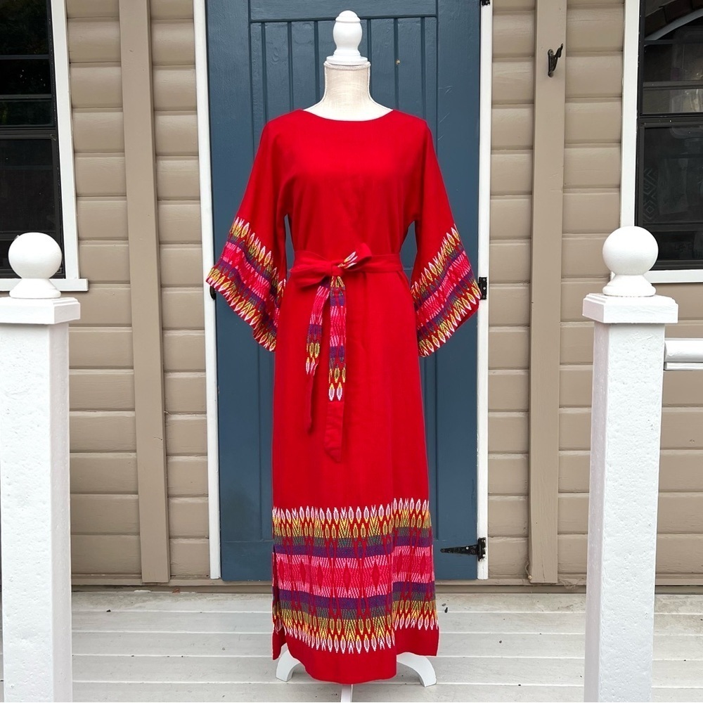 Vintage Guatemalan 100% Cotton Embroidered tribal print Maxi Dress Size L/XL